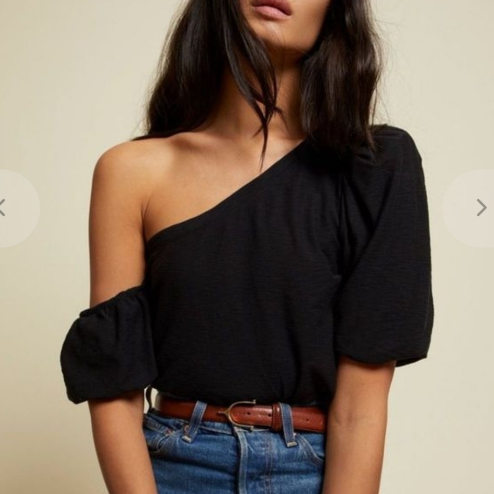 Nation LTD Small Daphne Asymmetrical Puff Sleeve Pima Cotton Ivory Tee Top Black